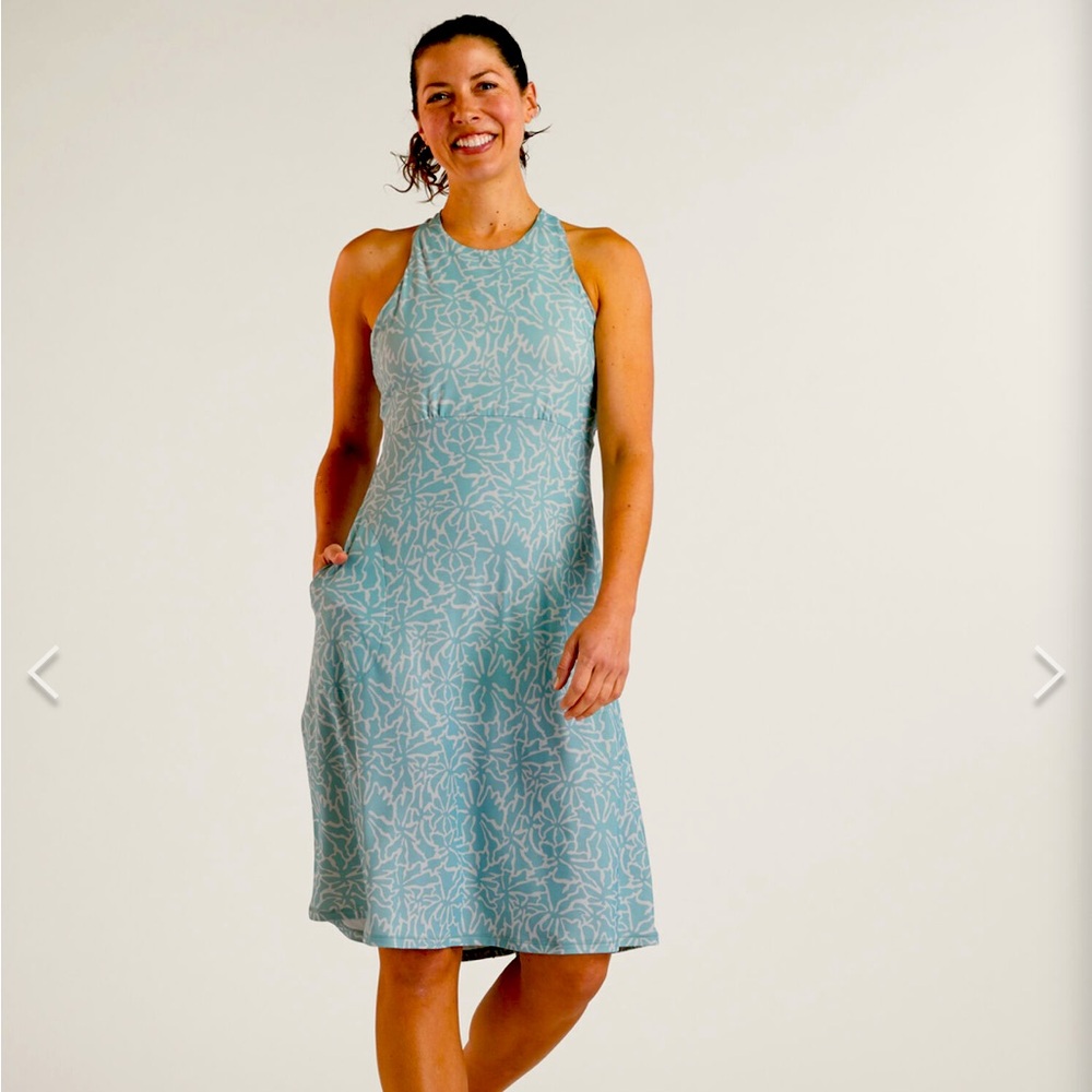 PRANA Jewel Lake Summer Knit MIDI DRESS Medium 8 10 Saltwater Boogie Bloom Blue